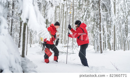 Mountain rescue service on operation outdoors in winter in forest, finding person after avalanche. 82360771