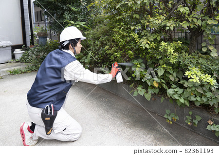 A male landscaping worker who sprays pesticides after pruning 82361193