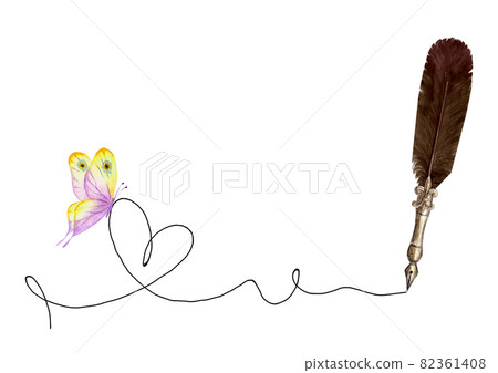 Hand drawn heart with watercolor old-fashioned fountain pen and butterfly isolated on white background 82361408