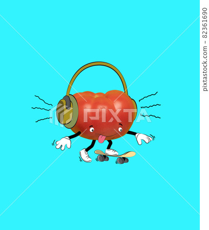 Illustration. Funny cute red tomato listening to music isolated over blue background. Drawn vegetables in a cartoon style. Vitamins, healthy lifestyle. Illustration. Funny cute red tomato listening to music isolated over blue background. Drawn vegetables in a cartoon style. Vitamins, healthy lifestyle. 82361690
