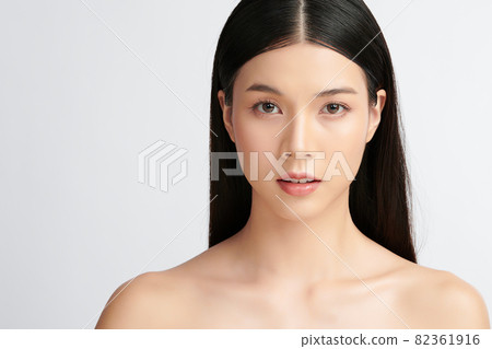 Beautiful young asian woman with clean fresh skin on white background, Face care, Facial treatment, 82361916