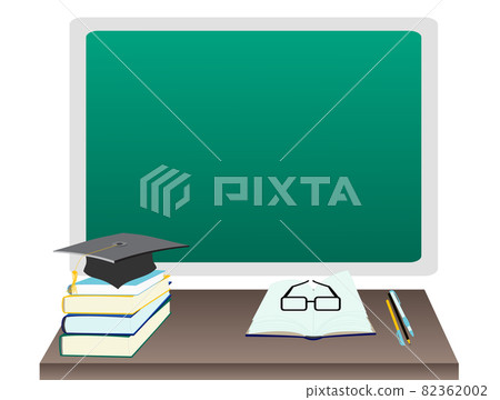 Stacks books and education cap, glasses on open book, pen and pencils lie on the table of green chalkboard background. Modern design template banner for back to school. Jpeg Stacks books and education cap, glasses on open book, pen and pencils lie on the table of green chalkboard background. Modern design template banner for back to school. Jpeg 82362002