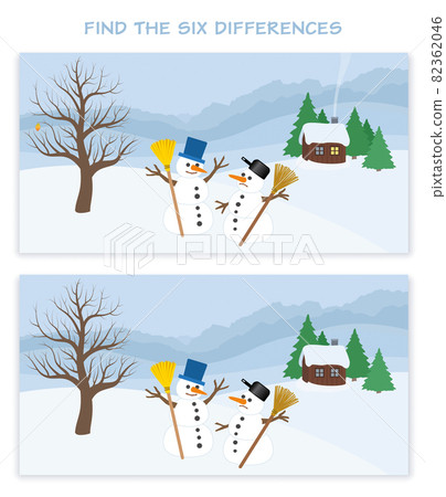 Winter landscape with six differences. Two snowmen, wooden hut and trees in a snowy mountain panorama. Christmas puzzle fun. Vector illustration. 82362046