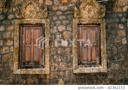 Ancient walls and window of Sampov Pram Pagoda in the Bokor National Park in Kampot, Cambodia 82362153