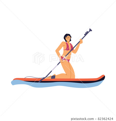 Young sport woman in swimsuit is kneeling on paddle board a vector illustration. Young sport woman in swimsuit is kneeling on paddle board a vector illustration. 82362424