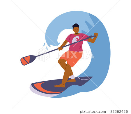Young sport man float on paddle board in twirl of waves of sea, ocean or lake. Young sport man float on paddle board in twirl of waves of sea, ocean or lake. 82362426