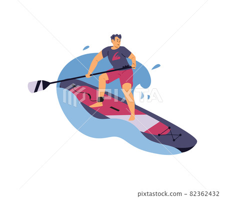 Young sport man float on paddle board in blue waves of sea, ocean or lake. Young sport man float on paddle board in blue waves of sea, ocean or lake. 82362432