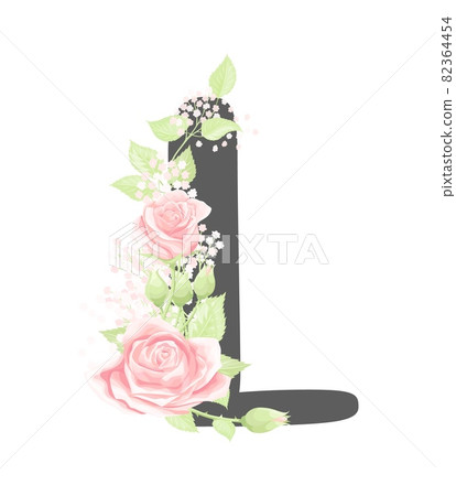 Vector floral alphabet letter L with pink cream rose flowers and green leaves Vector floral alphabet letter L with pink cream rose flowers and green leaves 82364454