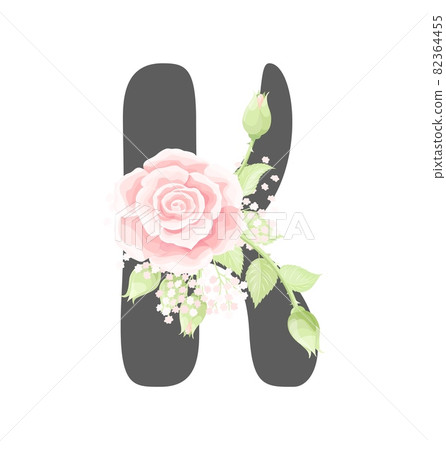 Vector floral alphabet letter K with pink cream rose flowers and green leaves Vector floral alphabet letter K with pink cream rose flowers and green leaves 82364455