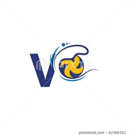 Letter V logo and volleyball hit into the water waves Letter V logo and volleyball hit into the water waves 82366101