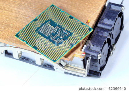 Close up Hight performance CPU with active Aluminum and copper heatsink isolated on white background. 82366640