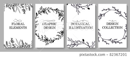 Minimalist design of the wedding invitation card template, floral floral print in the style of a black line. Postcards, templates, festive decoration. Vector illustration. 82367201