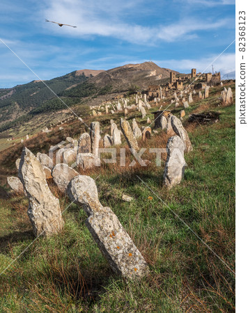 Nameless stone tombstones on the mountainside. 82368123