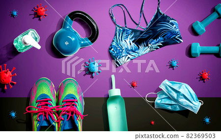 Fitness and coronavirus theme with workout set 82369503