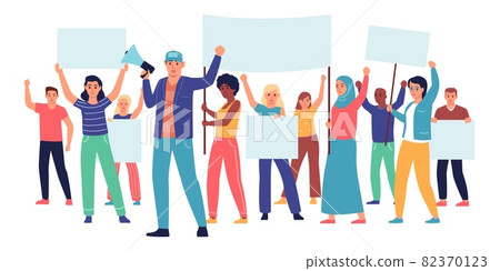 Protest demonstration. Demonstrators large group. Social movement. People participate in trade union strike. Protesting men and women with placards. Vector politic manifestation concept Protest demonstration. Demonstrators large group. Social movement. People participate in trade union strike. Protesting men and women with placards. Vector politic manifestation concept 82370123