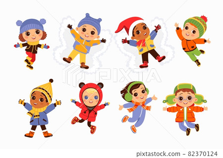 Kids jump in winter clothes. Children playing in snow. Outdoor activity. Boys and girls in Xmas and New Year holidays. People wear warm clothing and lying in snowdrifts. Vector babies set Kids jump in winter clothes. Children playing in snow. Outdoor activity. Boys and girls in Xmas and New Year holidays. People wear warm clothing and lying in snowdrifts. Vector babies set 82370124