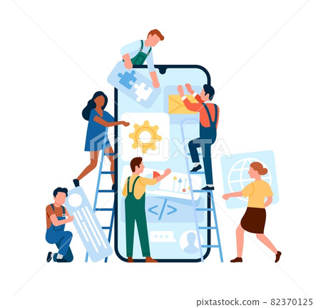 Mobile app building. People collect icons and buttons in smartphone. Website UI designers or programmers work with phone application. Software development and UX design. Vector concept Mobile app building. People collect icons and buttons in smartphone. Website UI designers or programmers work with phone application. Software development and UX design. Vector concept 82370125
