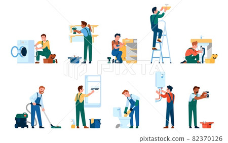 Repair service workers. Interior renovation. People with tools. Electricians and plumbers fix damages. Workmen install furniture or clean rooms. Husband for hour. Vector craftsmen set Repair service workers. Interior renovation. People with tools. Electricians and plumbers fix damages. Workmen install furniture or clean rooms. Husband for hour. Vector craftsmen set 82370126