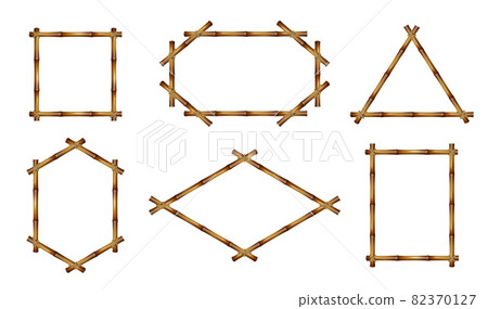 Bamboo frames. Realistic natural rustic decor, brown construction from stems, different shapes wooden empty borders fastened with rope, isolated on white background elements, vector set Bamboo frames. Realistic natural rustic decor, brown construction from stems, different shapes wooden empty borders fastened with rope, isolated on white background elements, vector set 82370127