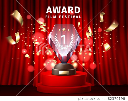 Award ceremony poster. Realistic podium with trophy on red background. Reward statuette. Film festival first place of nomination. Curtain and confetti. Best movie cup. Vector concept 82370196