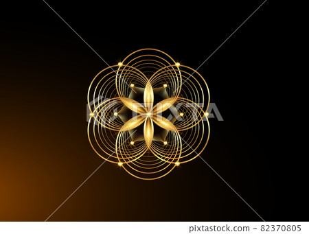 Seed of life symbol Sacred Geometry. Gold Logo icon Geometric mystic mandala of alchemy esoteric Flower of Life. Interlaced gold circles, vector lotus meditative amulet isolated on black background Seed of life symbol Sacred Geometry. Gold Logo icon Geometric mystic mandala of alchemy esoteric Flower of Life. Interlaced gold circles, vector lotus meditative amulet isolated on black background 82370805