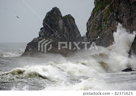 Waves and surf at the rocky Cape Uelen at the entrance to the Bering Strait 82371623