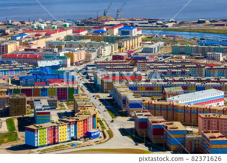 Top view of the northern city with colorful buildings. Anadyr, Chukotka, Russia. 82371626