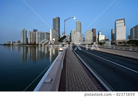 Brickell Key Bridge and City of Miami skyline in pre dawn twilight. 82371659