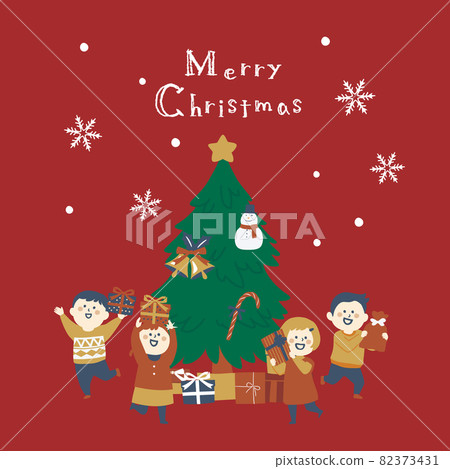Illustrations of children rejoicing with Christmas gifts Illustrations of children rejoicing with Christmas gifts 82373431