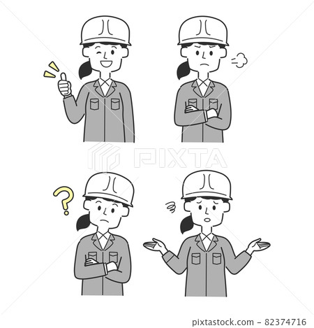 Employees of a construction shop wearing helmets with various facial expressions Employees of a construction shop wearing helmets with various facial expressions 82374716