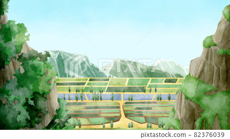 Rural cityscape handwritten watercolor style illustration peeking from the mountains Rural cityscape handwritten watercolor style illustration peeking from the mountains 82376039