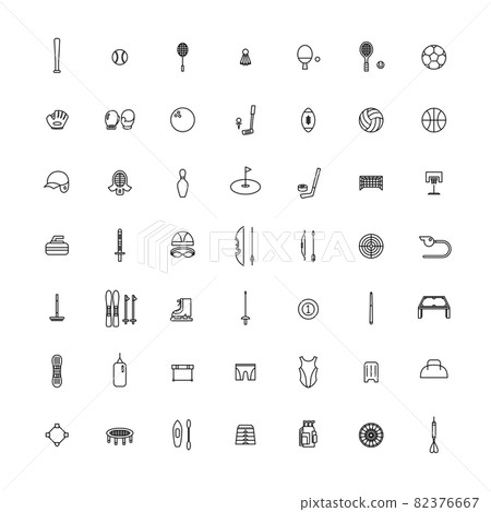 Line drawing icon set of sports equipment Line drawing icon set of sports equipment 82376667