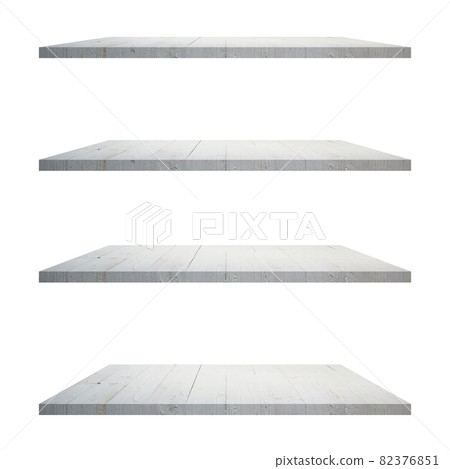 4 Wood shelves table isolated on white background and display montage for product. 82376851