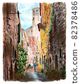 Historical urban street overlooking the tower 82378486