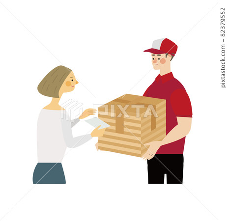 Vector illustration of a courier man delivering luggage to a woman Vector illustration of a courier man delivering luggage to a woman 82379552
