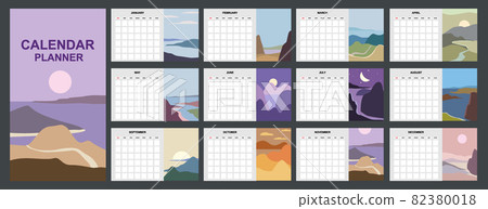Calendar Planner abstract minimalist contemporary landscape natural backgrounds. Monthly template for diary business. Week Starts Sunday. Vector isolated 82380018