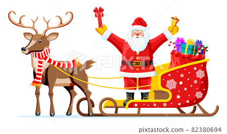 Santa claus on sleigh full of gifts and reindeer. 82380694