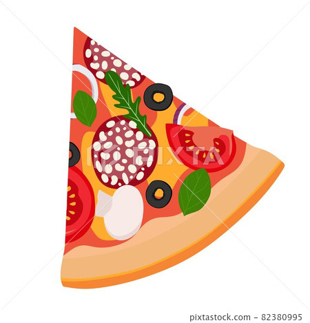 A slice of pizza with salami onions tomatoes and olives. Vector illustration. A concept for stickers, posters, postcards, websites and mobile applications. A slice of pizza with salami onions tomatoes and olives. Vector illustration. A concept for stickers, posters, postcards, websites and mobile applications. 82380995