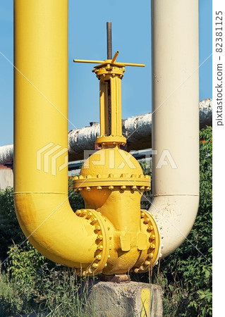 Large water shutoff valve with flanges and lever on pipeline 82381125