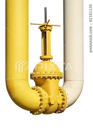Large water shutoff valve with flanges and lever on white background Large water shutoff valve with flanges and lever on white background 82381126