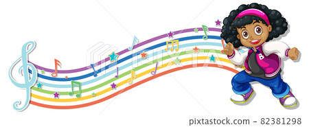 Cute girl with melody symbols on rainbow wave Cute girl with melody symbols on rainbow wave 82381298