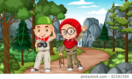 Nature scene with muslim kids exploring in the forest Nature scene with muslim kids exploring in the forest 82381300