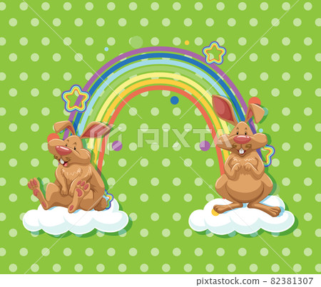 Two rabbits on the cloud with rainbow on green polka dot background 82381307