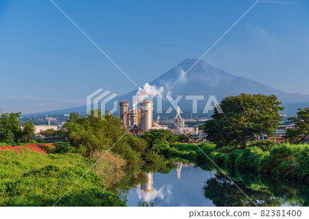 (Shizuoka Prefecture) Cluster amaryllis and Mt. Fuji blooming in the factory area of Fuji City (Shizuoka Prefecture) Cluster amaryllis and Mt. Fuji blooming in the factory area of Fuji City 82381400