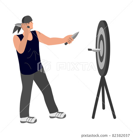 The man throws darts at the target. Darts. Vector illustration on a white isolated background The man throws darts at the target. Darts. Vector illustration on a white isolated background 82382037