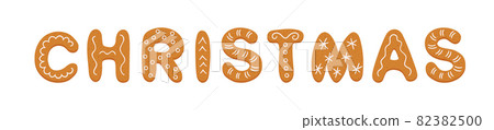 Gingerbread cookies in form of letters Christmas. Merry Christmas banner. Gingerbread holidays cookies. Hand drawn vector illustration isolated on white background 82382500