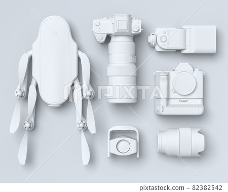 Top view of monochrome designer workspace and photography gear on black table 82382542