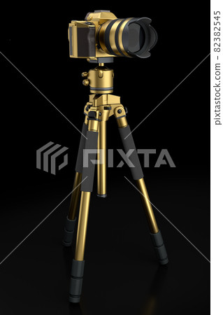 Photo and video gold tripod with nonexistent DSLR camera on isolated on black 82382545