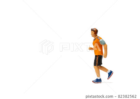 Miniature people, Man in fitness wear running on white background Miniature people, Man in fitness wear running on white background 82382562