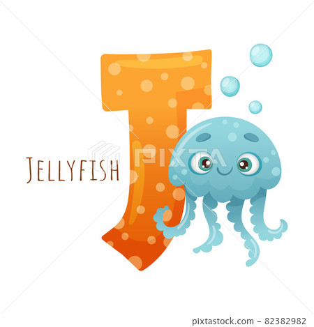 J letter and cute jellyfish sea creature. Zoo alphabet for children education, home or kindergarten decor cartoon vector illustratio 82382982
